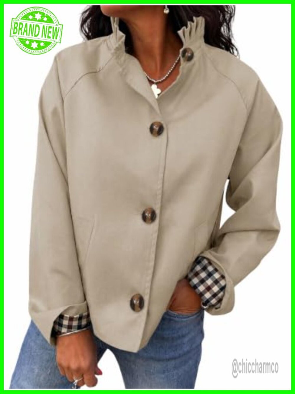 Womens Ruffle Short Trench Coat Single Breasted Cropped Jacket